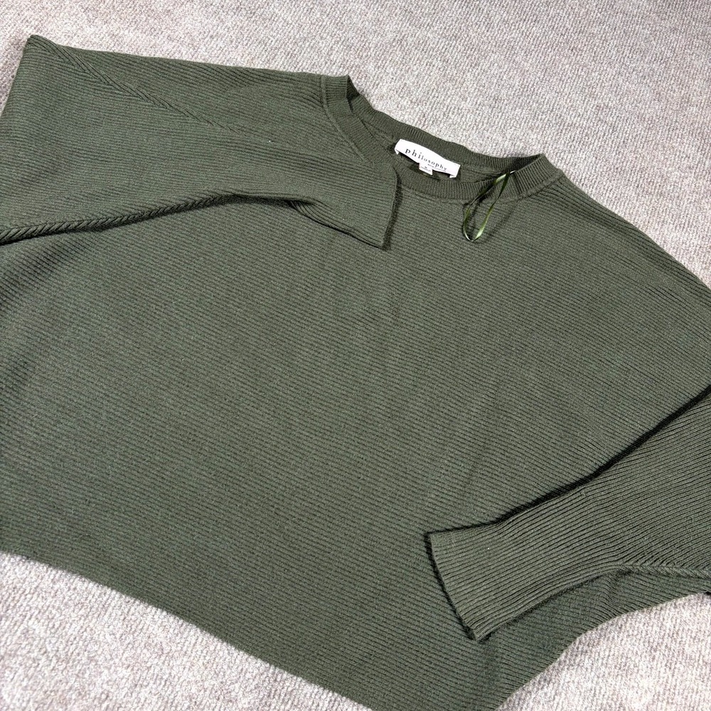 Philosophy Cropped Sweater Womens Small Olive Green Ribbed Knit Dolman Sleeve